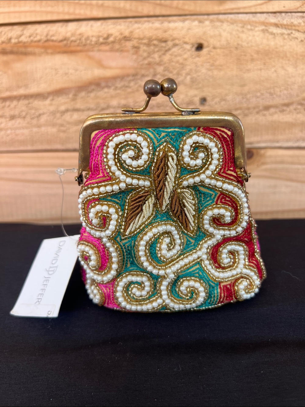 Embellished Beaded Kiss-Lock Clutch in Pink & Teal